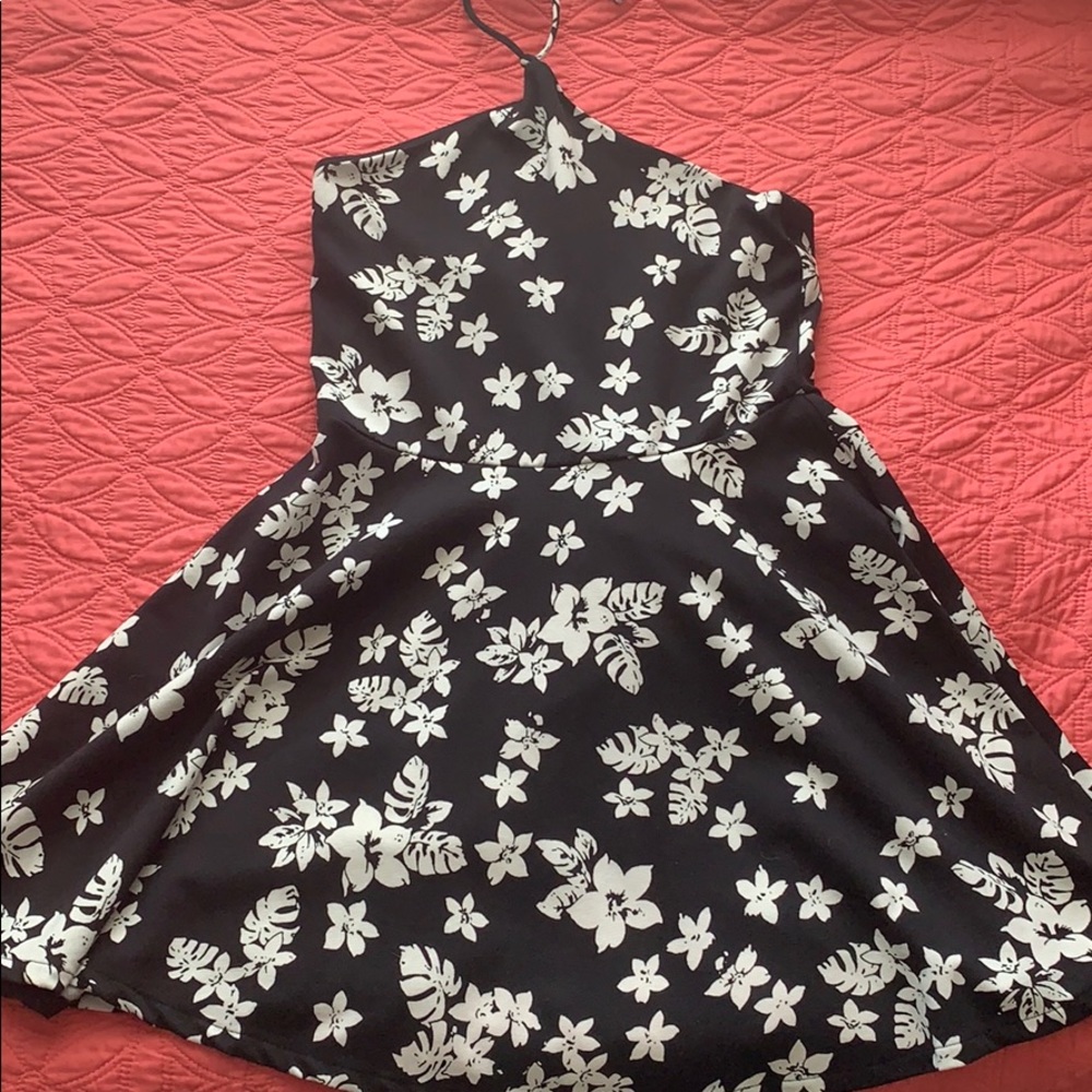 Mini black and white floral halter top dress.